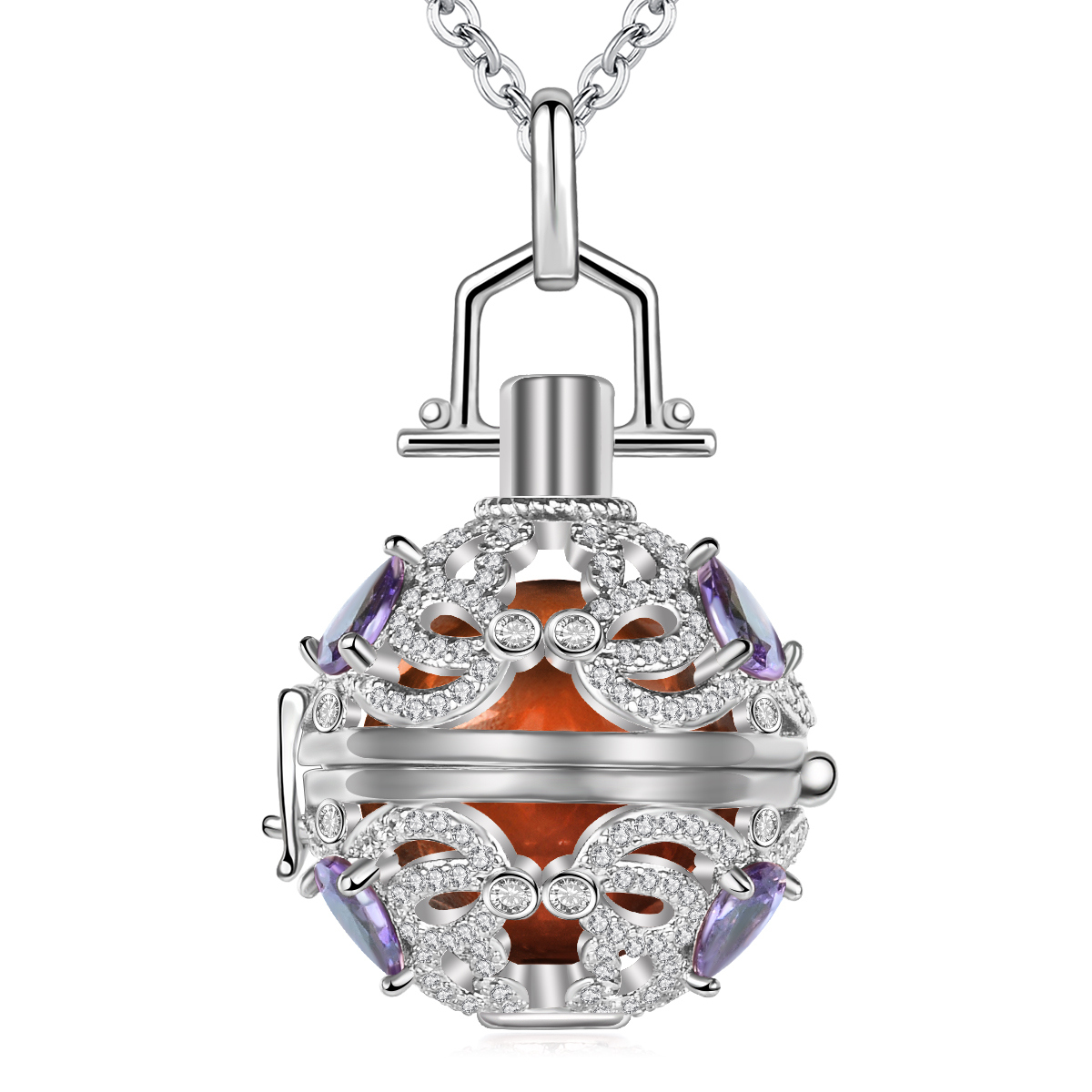 Platinum Plated Encrusted Amethyst Luxury Jewelry Mexico Pregnancy Chime Music Angel Ball Caller Locket Necklace