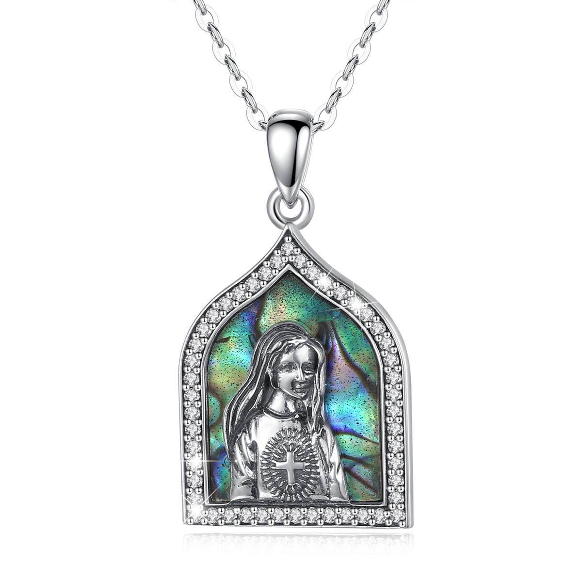 925 sterling silver mother of pearl women religious jesus virgin mary pendant necklace