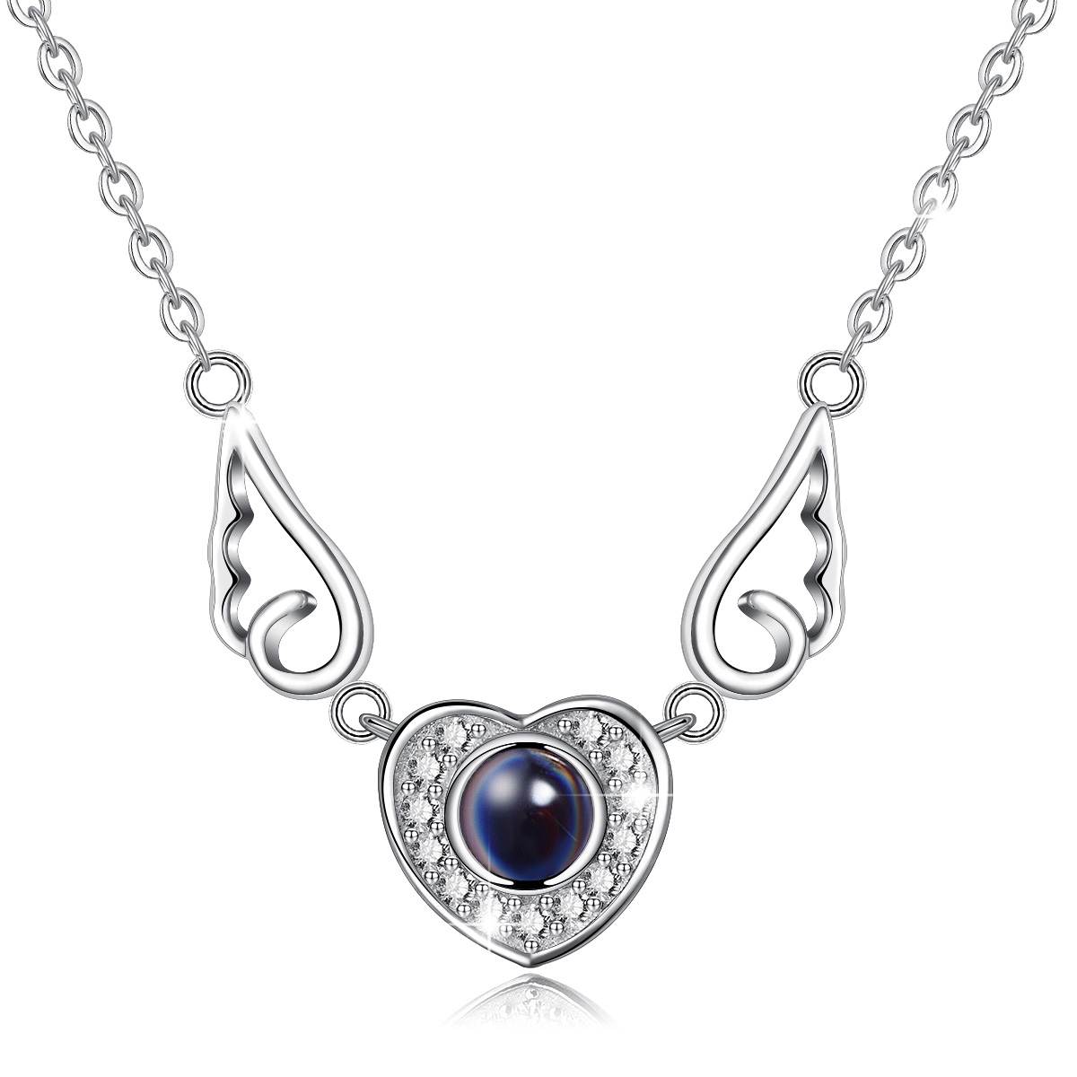 S925 Sterling Silver Hollow Heart Shape 100 Languages I Love You Projection Pendant Necklaces With Angel Wings