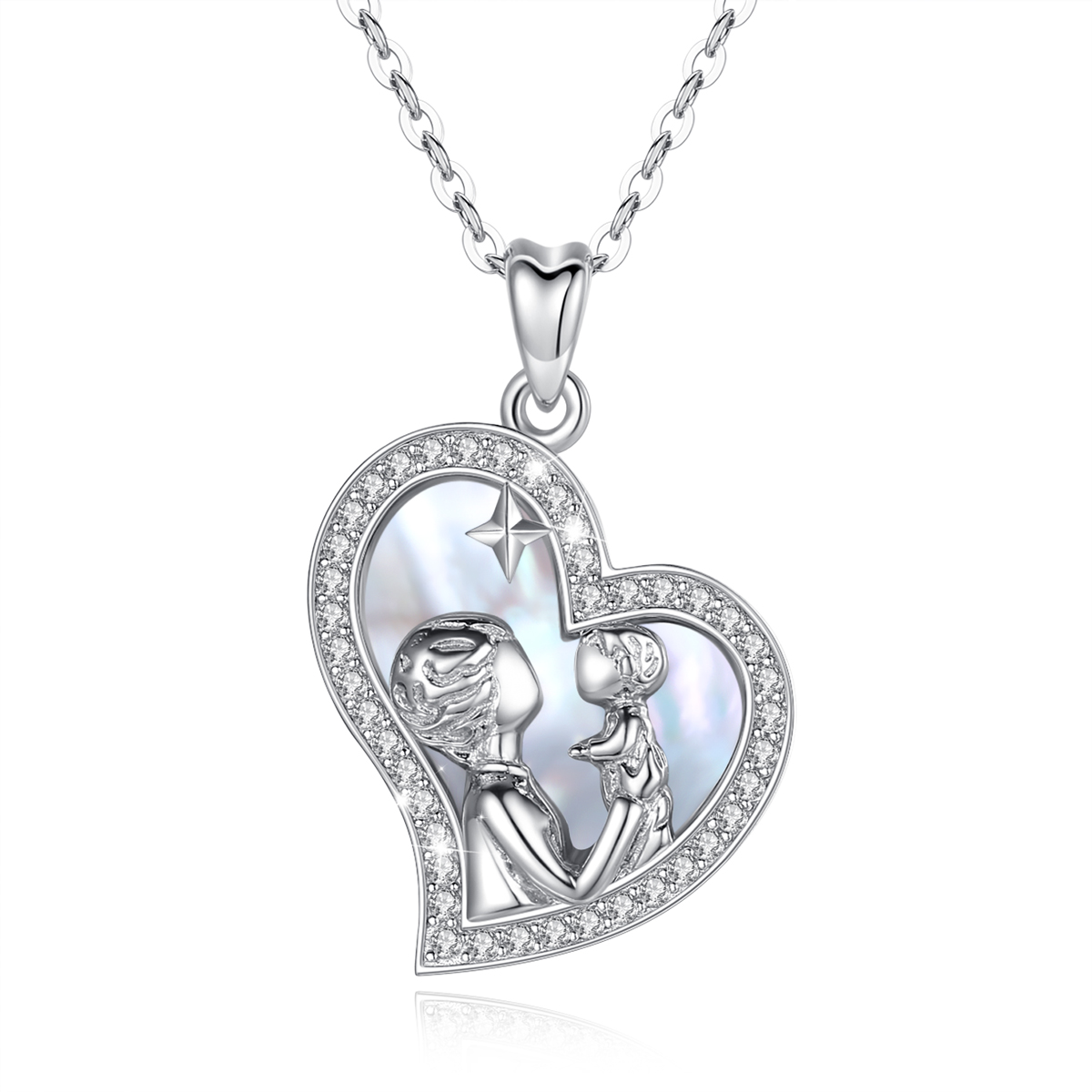 Merryshine Mother And Child Pattern Heart-shaped S925 Sterling Silver Colour Mother of Pearl Pendant Necklaces