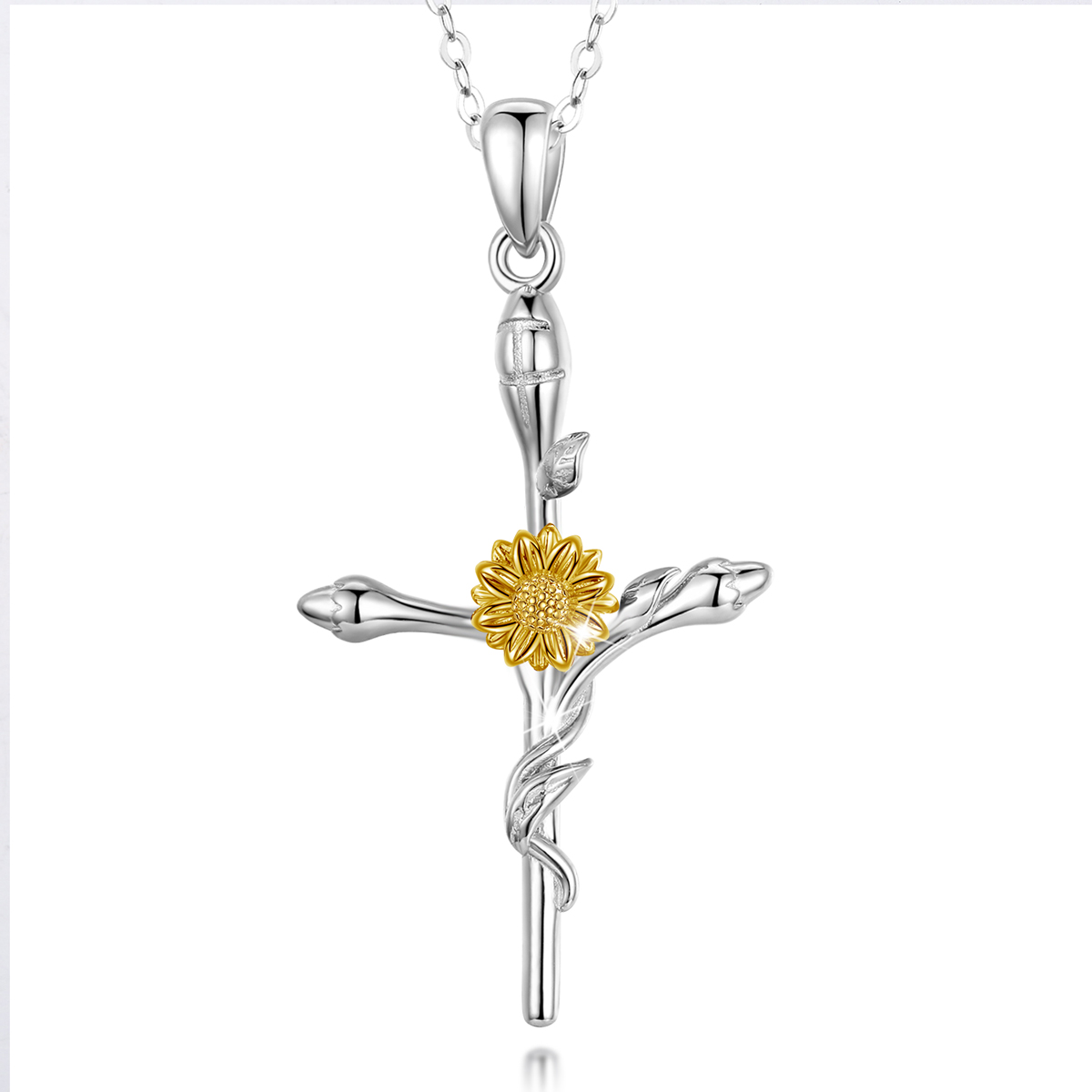 S925 sterling silver Rhodium plated and gold plated big cross necklace with sunflower for women