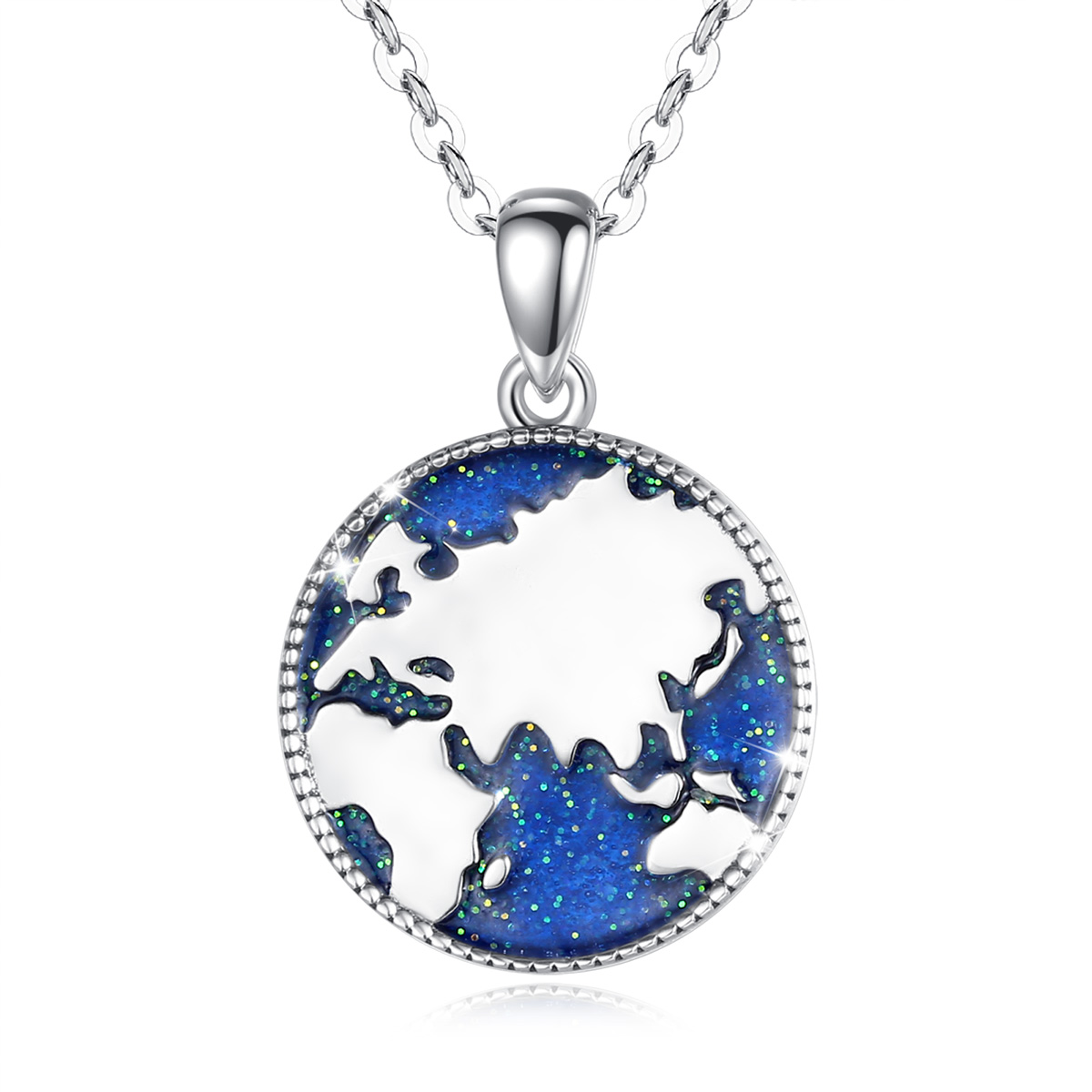 Merryshine Jewelry S925 Sterling Silver Vintage Oxidized World Map Blue Earth Necklace