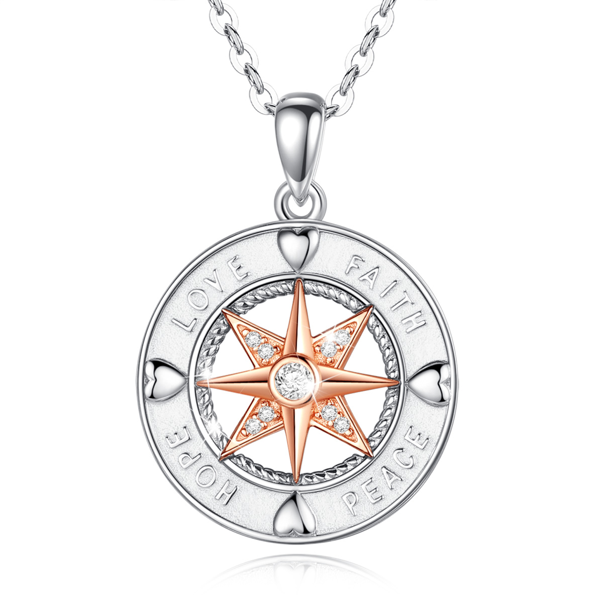 Mens Jewelry S925 Sterling Silver Vintage Oxidized Rose Gold Compass Pendant Necklace