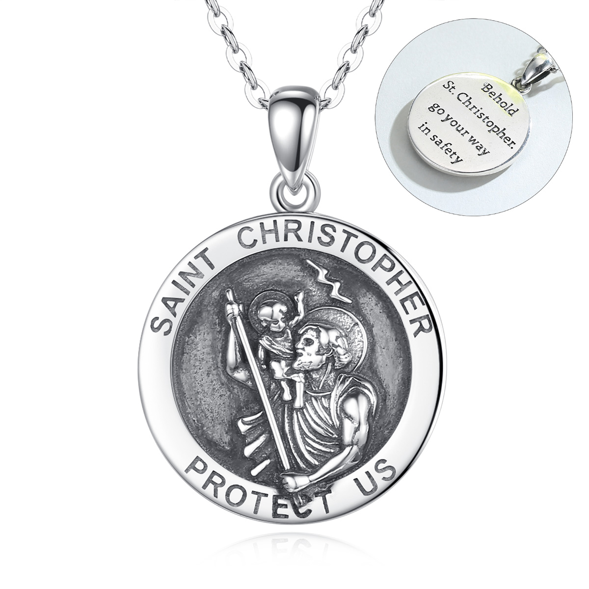 Merryshine Jewelry S925 Sterling Silver Vintage Oxidized Engravable Text Saint Christopher Necklace