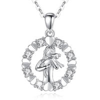 S925 Sterling Silver Rhodium Plated Add Cubic zirconia Girl And Lamb Pattern Circular Pendant