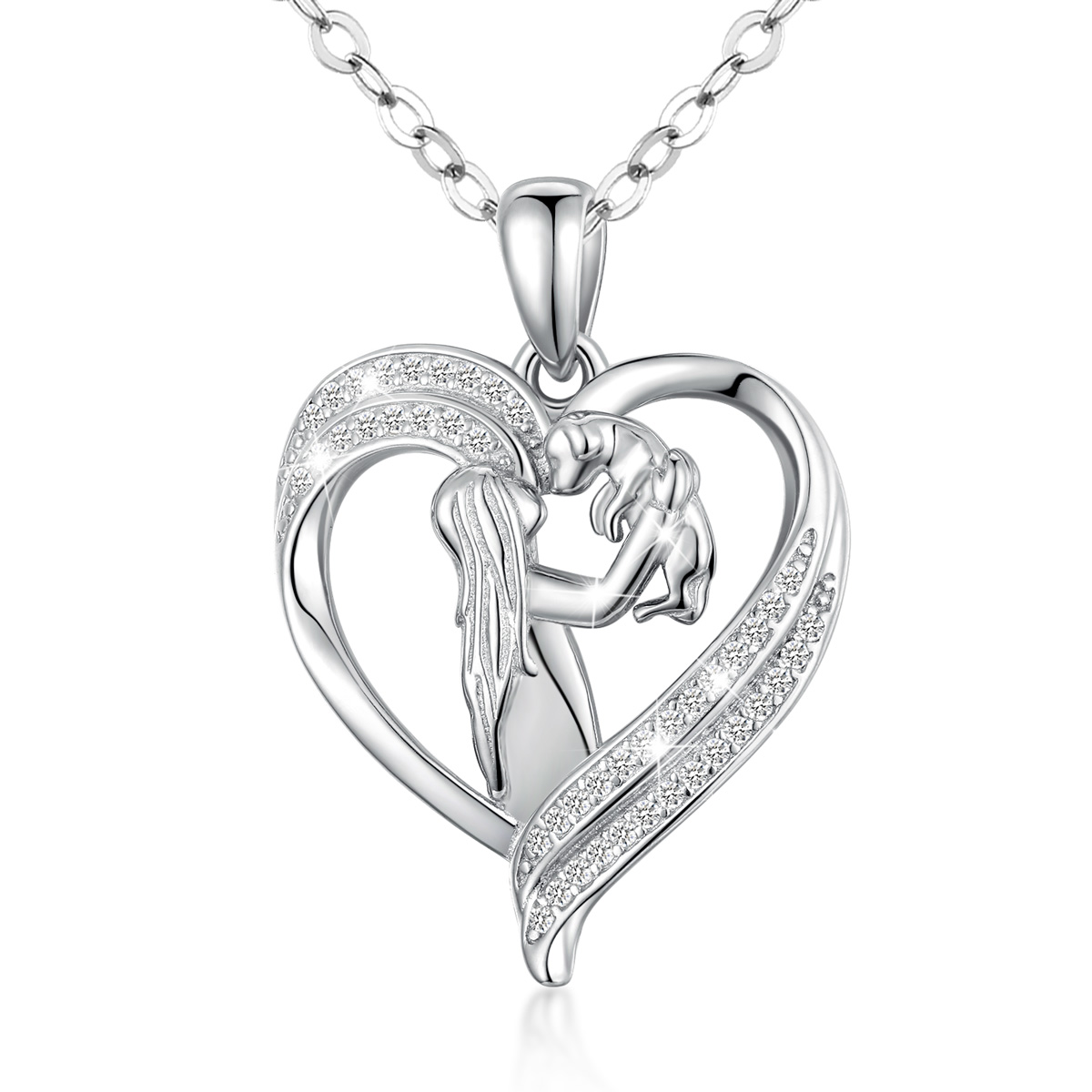 S925 Sterling Silver Rhodium Plated Girl And Dog Pattern CZ Diamond Heart Shape Pendant Necklace