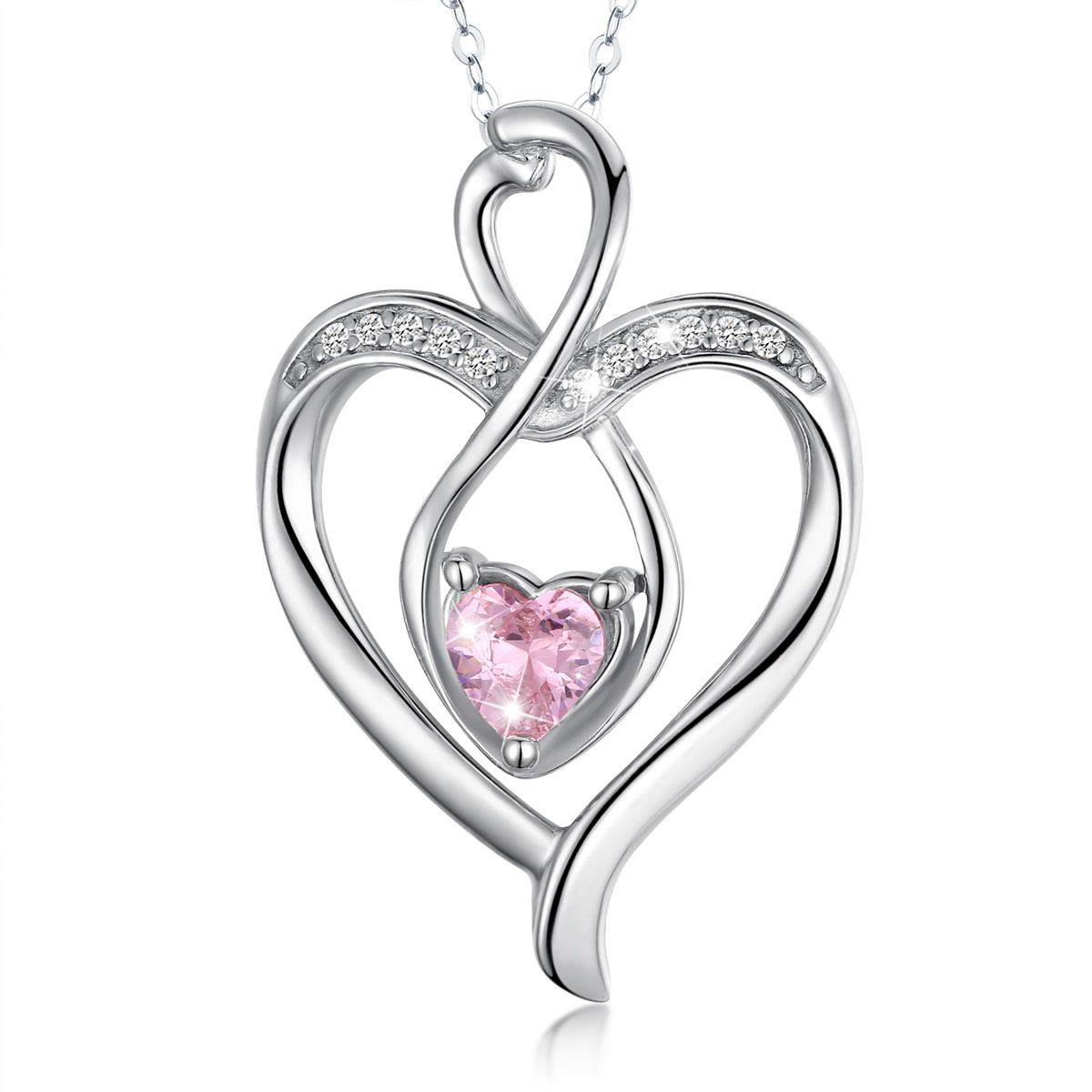 S925 Sterling Silver Rhodium Plated Jewelry Personalized Infinity Pendant Pink CZ Diamond Necklace