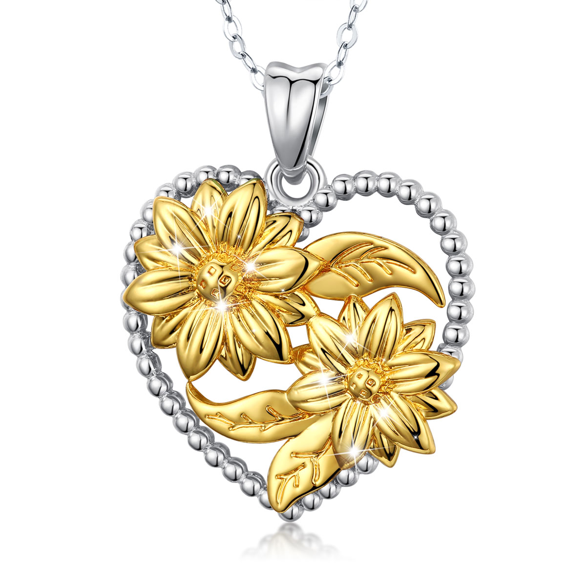 Sunflower Design Necklace Gold Plated 925 Sterling Silver Jewelry Heart Shape Pendant