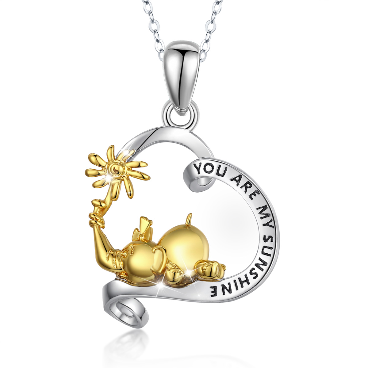 Engraving letters S925 Sterling Silver Elephant Jewelry Gold Plated Good Luck Elephant Trunk Up Necklace With Sunflower