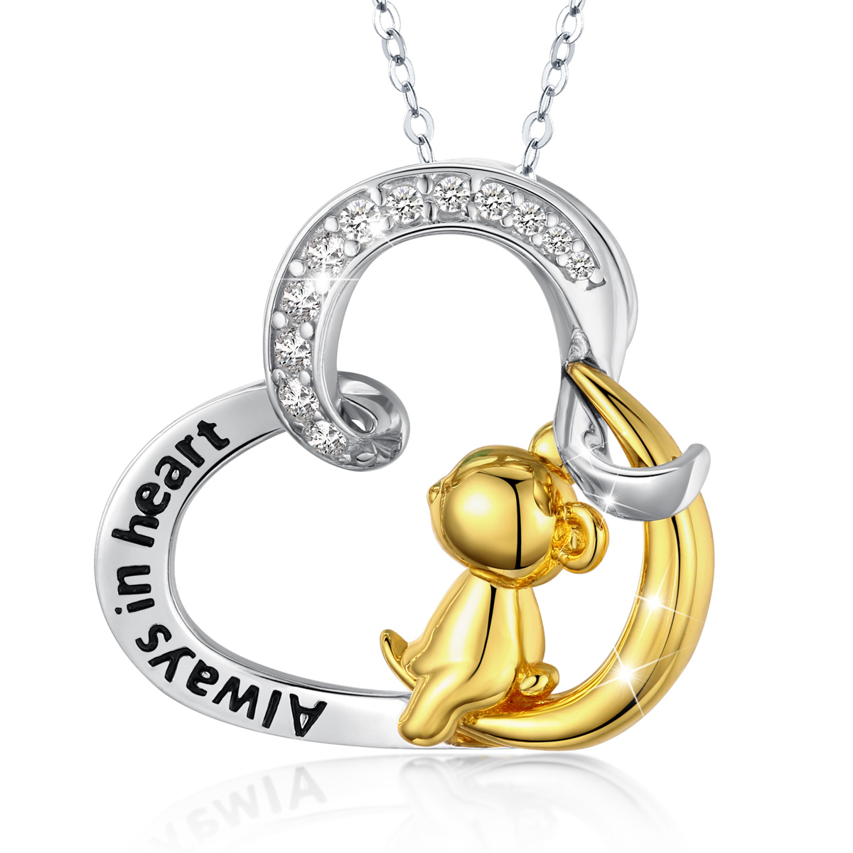 S925 Sterling Silver Little Bear Sits In The Moon Pattern Gold Teddy Bear Pendant Necklace