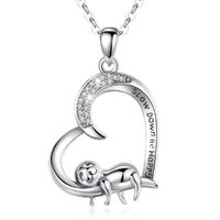 S925 Sterling Silver Rhodium Plated Can Carve Words Trendy Jewelry Sloth Necklace Hollow Heart Shaped Pendant