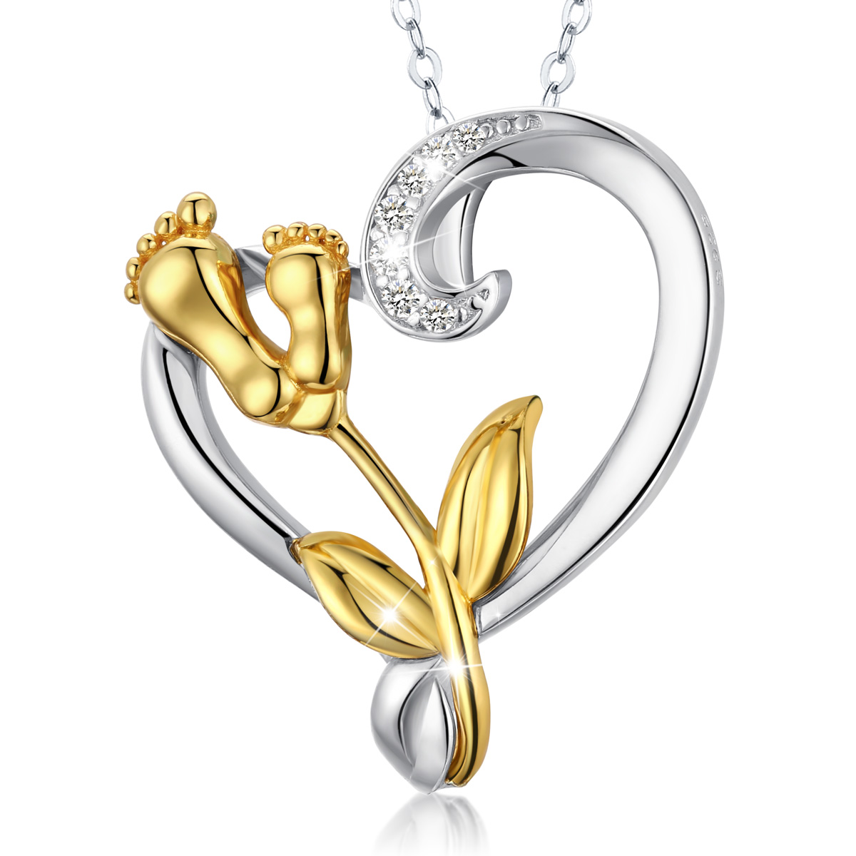 S925 Sterling Silver Rhodium Plated Tulip Flower Pendant Baby Foot Necklace for Women