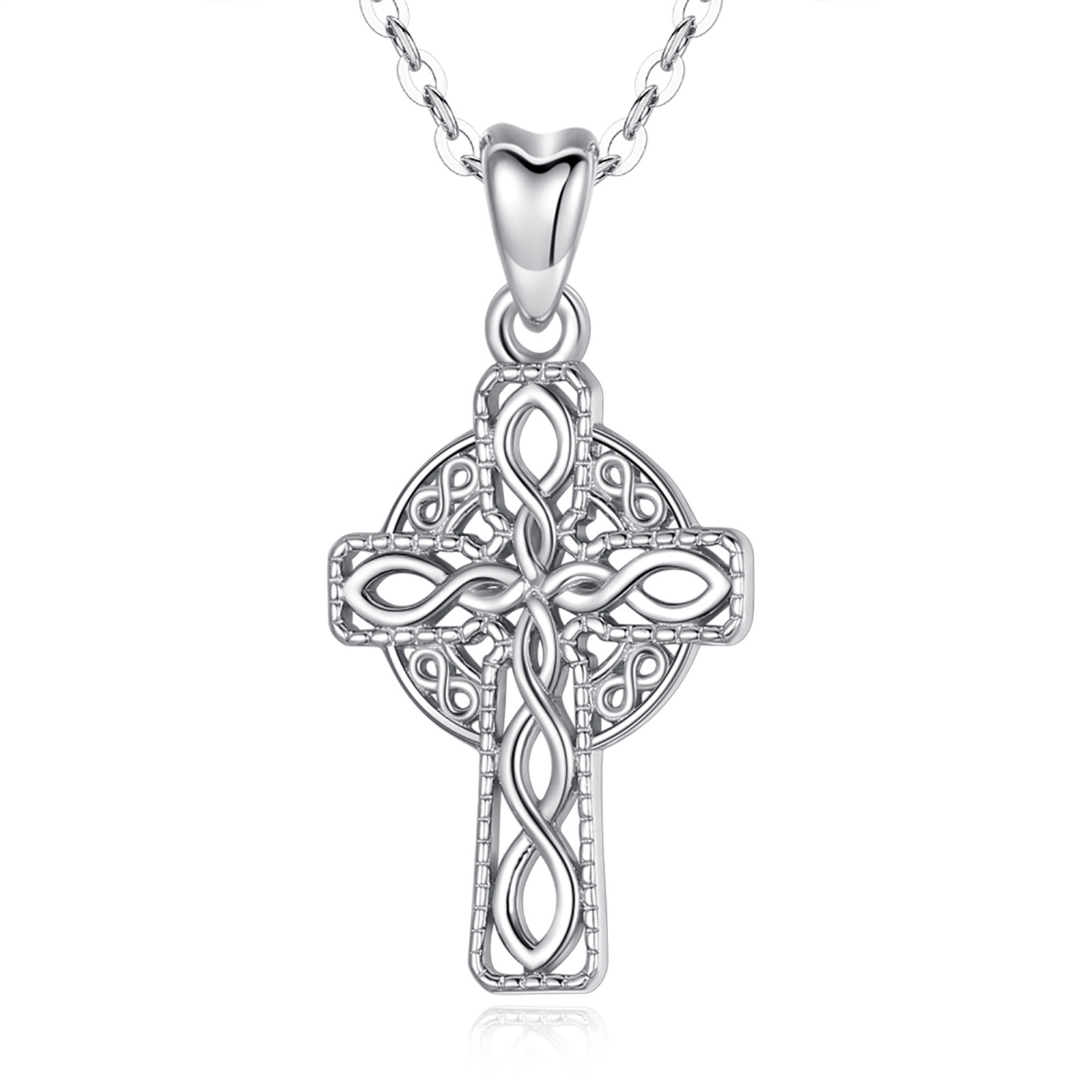 S925 Sterling Silver Rhodium Plated Small Simple Celtic Knot Catholic Cross Necklace