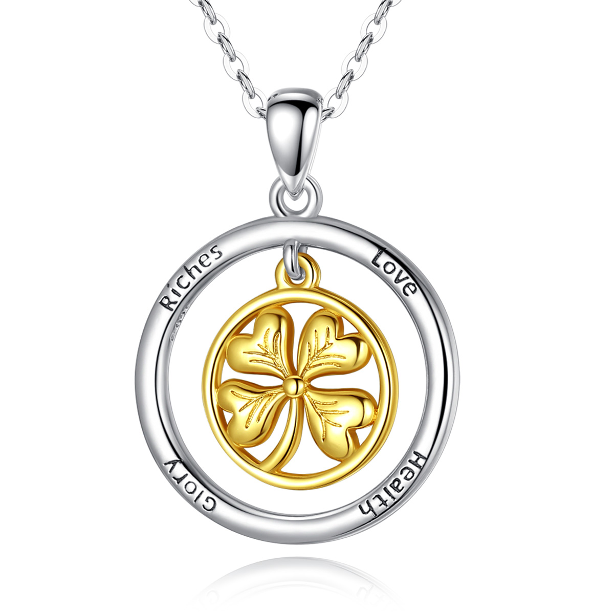 Merryshine Jewelry S925 Sterling Silver Rhodium Plated Vintage Gold Clover Pendant Necklace