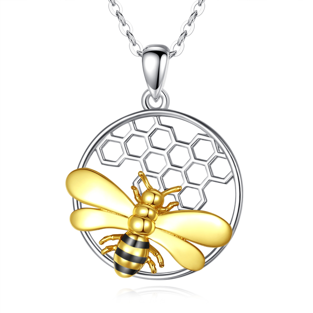 Bee Jewelry S925 Sterling Silver Rhodium Plated Honeycomb Gold Honey Bee Pendant Necklace