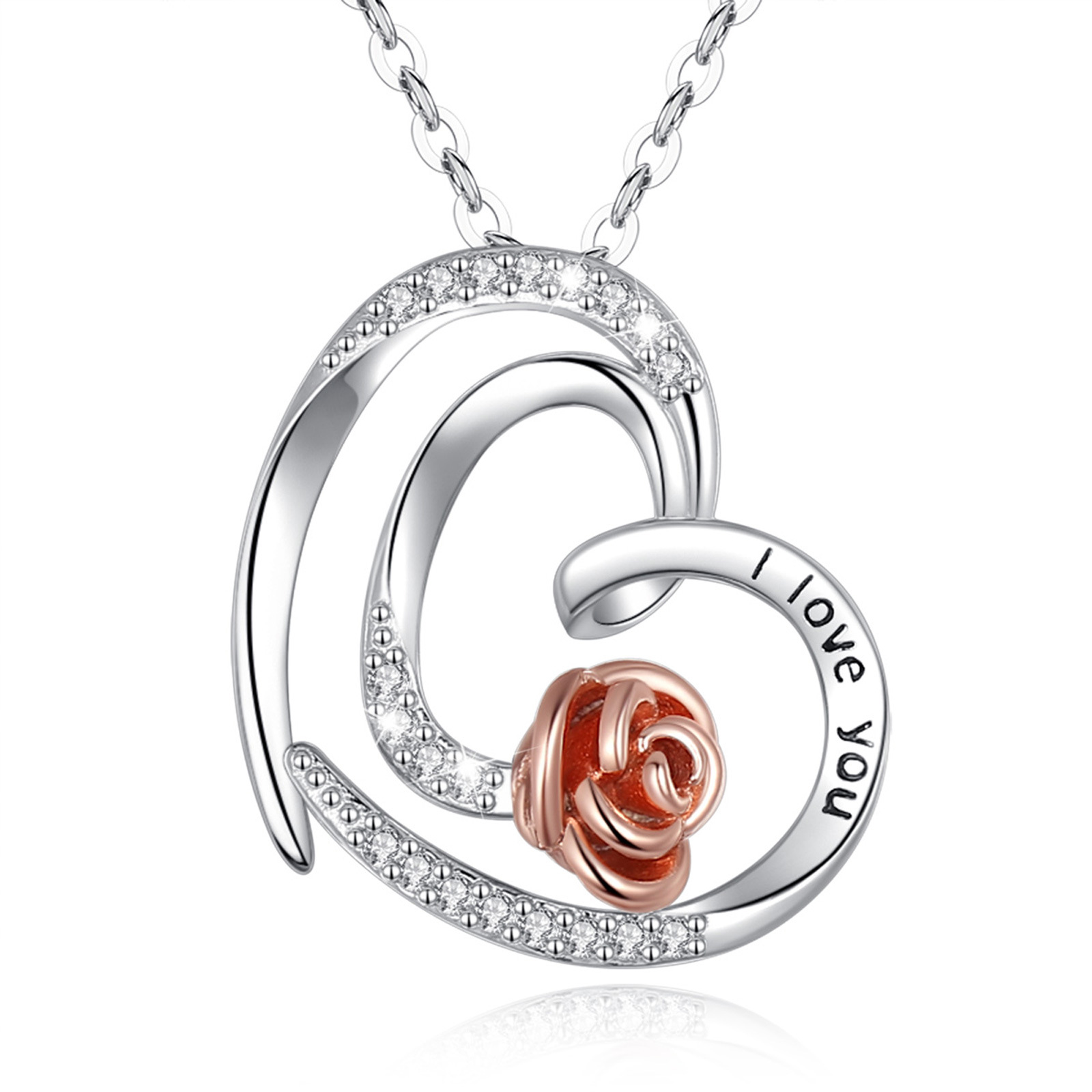 Merryshine Jewelry S925 Sterling Silver Rose Flower Heart Pendant Necklace With CZ Diamond
