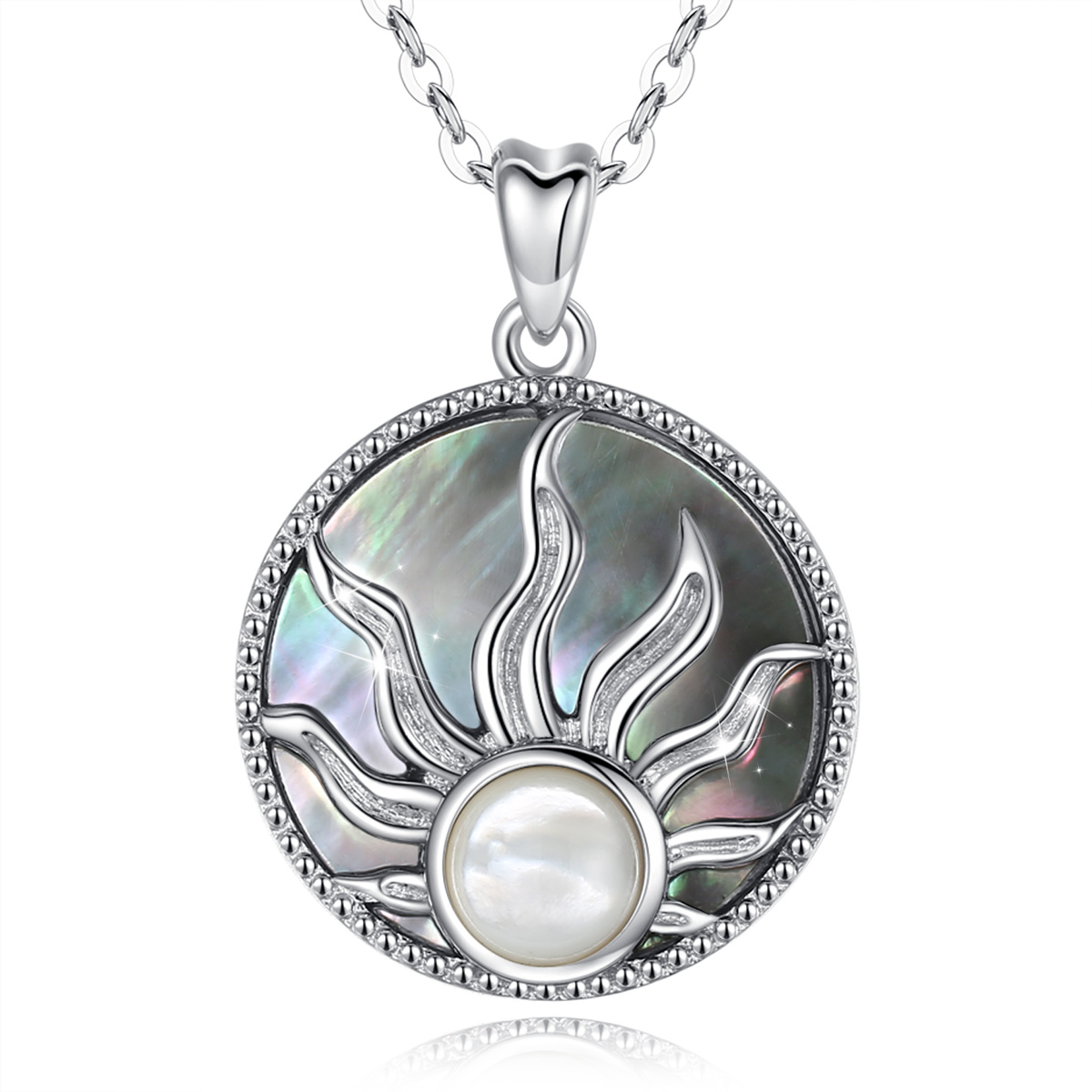 Merryshine Jewelry S925 Sterling Silver Vintage Oxidized Mother Of Pearl Shell Round Pendant Sunflower Necklace With Moonstone