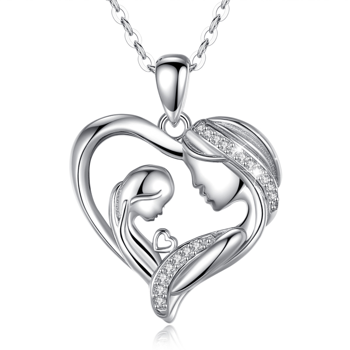Merryshine Jewelry Rhodium Plated 925 Sterling Silver And White CZ Diamond Mother Daughter Jewellery Necklace