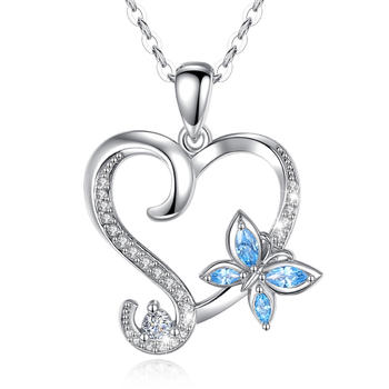 Merryshine Jewelry Heart Shaped Trendy Women Sterling Silver Blue Horse Eye Diamond Mini Butterfly Necklace