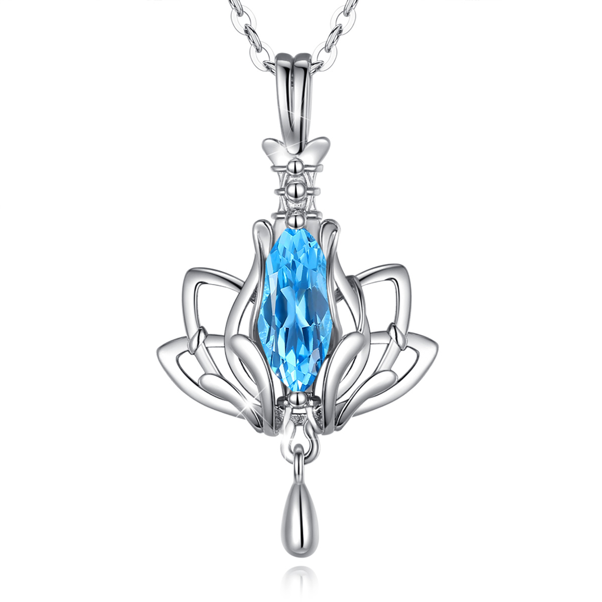 Merryshine Jewelry Rhodium Plated S925 Sterling Silver Blue Horse Eye Diamond OM Lotus Yoga Pendant Necklace