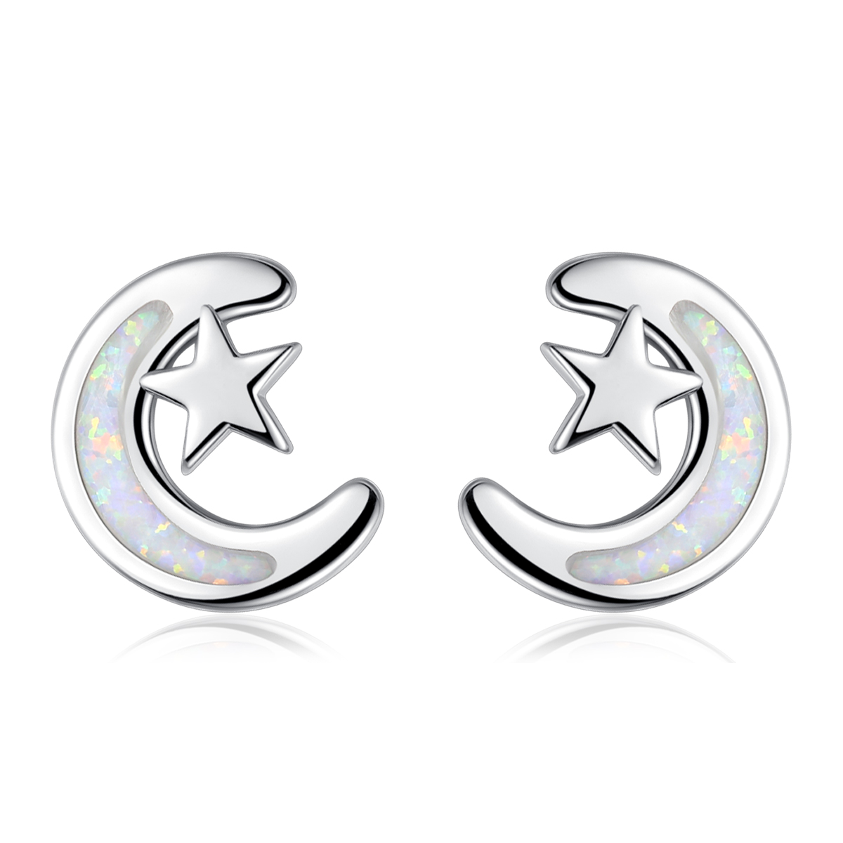 Merryshine Jewelry 925 Sterling Silver Rhodium Plated White Opal Crescent Moon Star Earrings