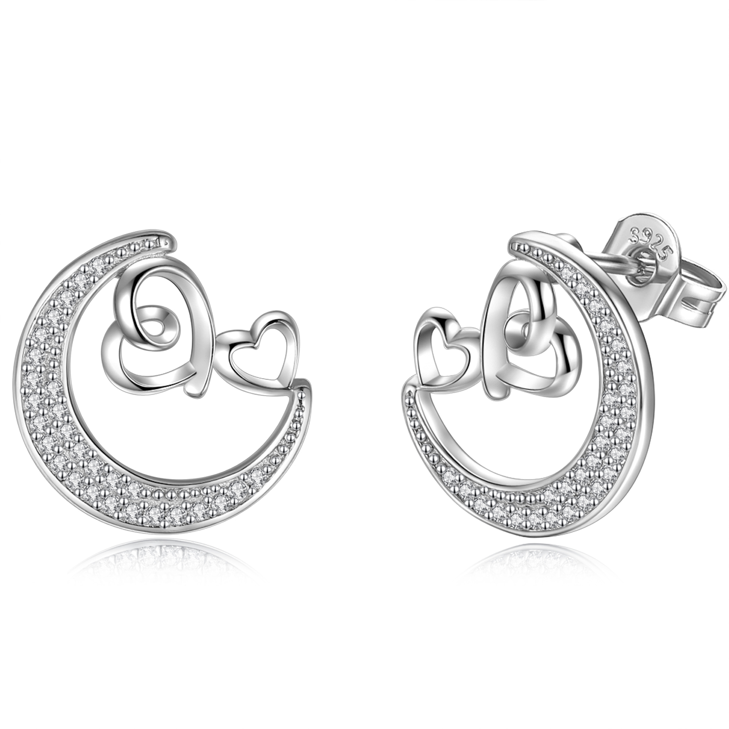 Merryshine Jewelry 925 Sterling Silver Rhodium Plated Add White CZ Diamond Half Moon Earring Vintage Heart Moon Stud Earrings