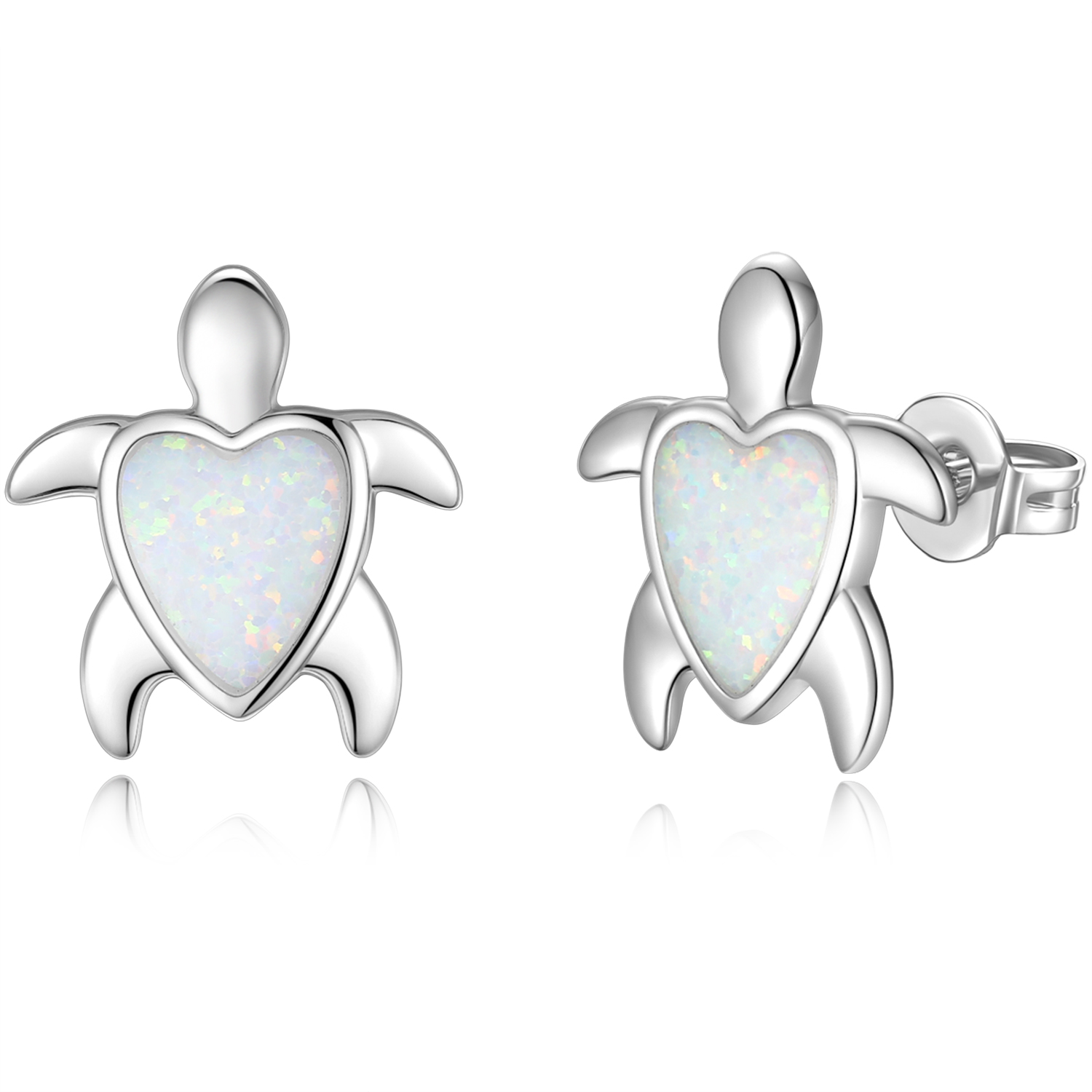 Merryshine Jewelry S925 Sterling Silver Rhodium Plated Heart Shaped White Opal Sea Turtle Earrings