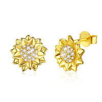 Merryshine Jewelry S925 Sterling Silver Gold Plated Add White CZ Diamond Sunflower Stud Earrings For Womens