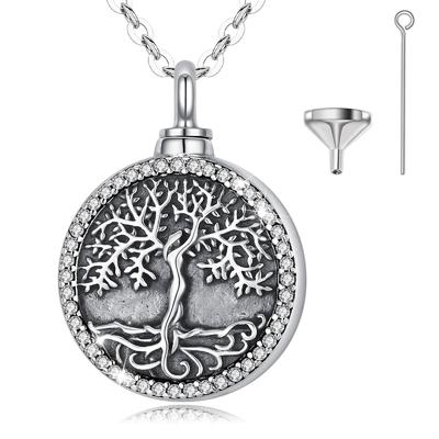 Merryshine Cremation Jewelry Life tree pattern relief circular design S925 Sterling Silver Vintage Oxidized Urn Locket Necklace