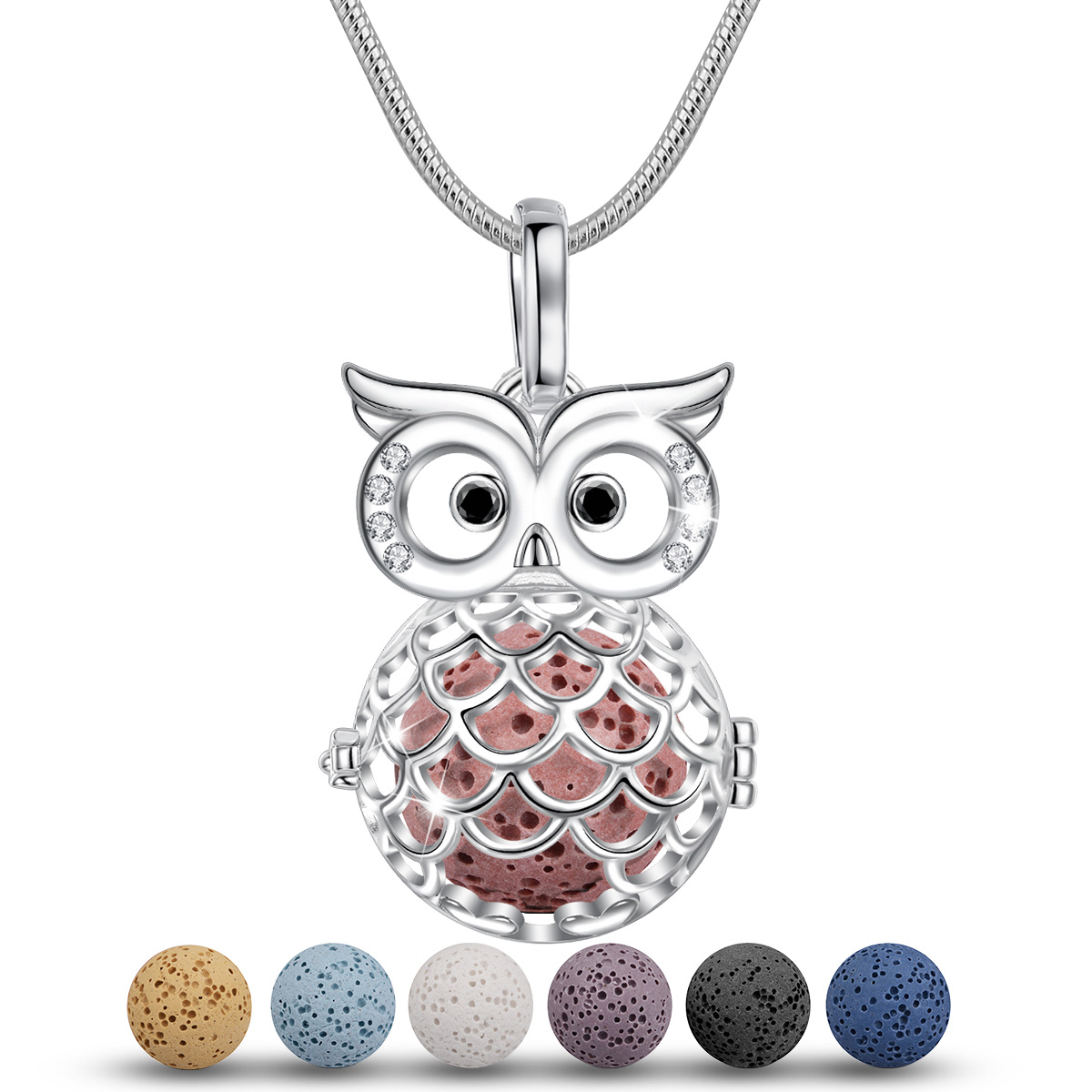 Merryshine Jewelry Copper Plating Silver Owl Shape Essential Oil Diffuser Aromatherapy Necklace With 14mm Lava Stone