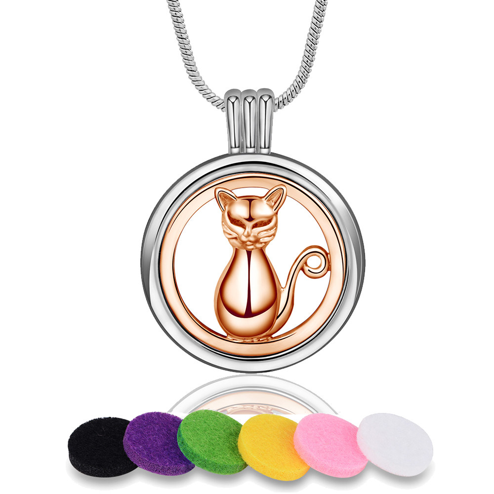 Merryshine Jewelry Copper Plating Silver Cat Design Necklaces Aromatherapy Fragrance Diffusers Locket  Pendant Necklace