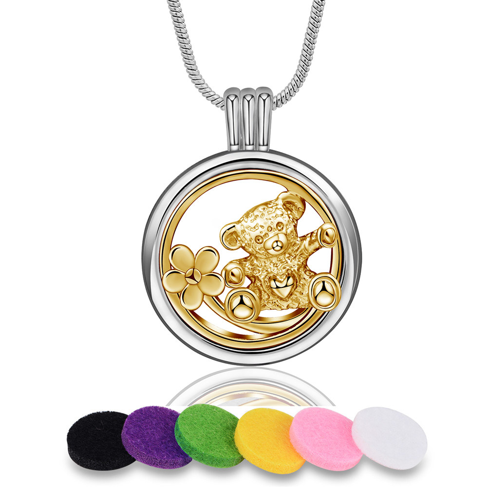 Merryshine Jewelry Flat Hollow Golden Bear and Flower Design perfume Aroma Diffuser Locket Necklace For Girl
