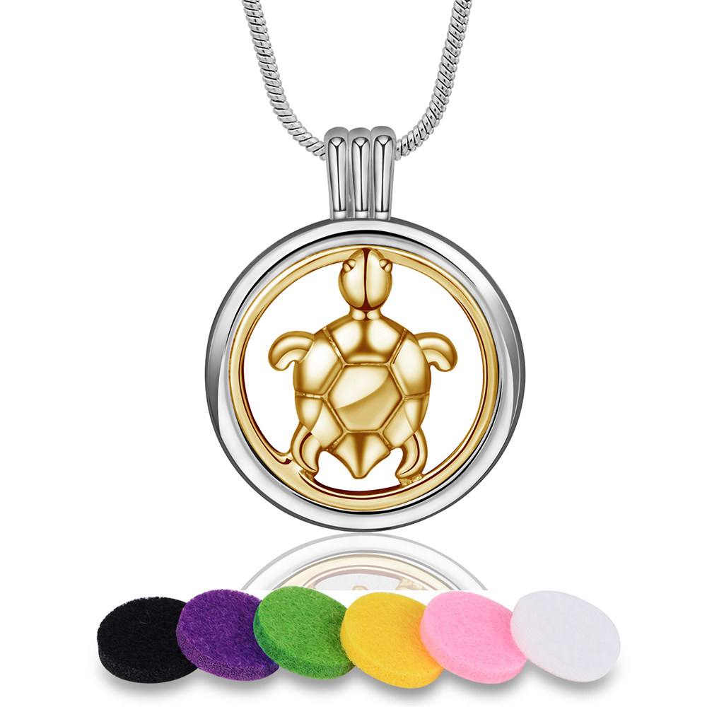 Merryshine Jewelry Flat Hollow Golden Turtle Design Oil Essential Aromatherapy Necklace With Sponge Pads