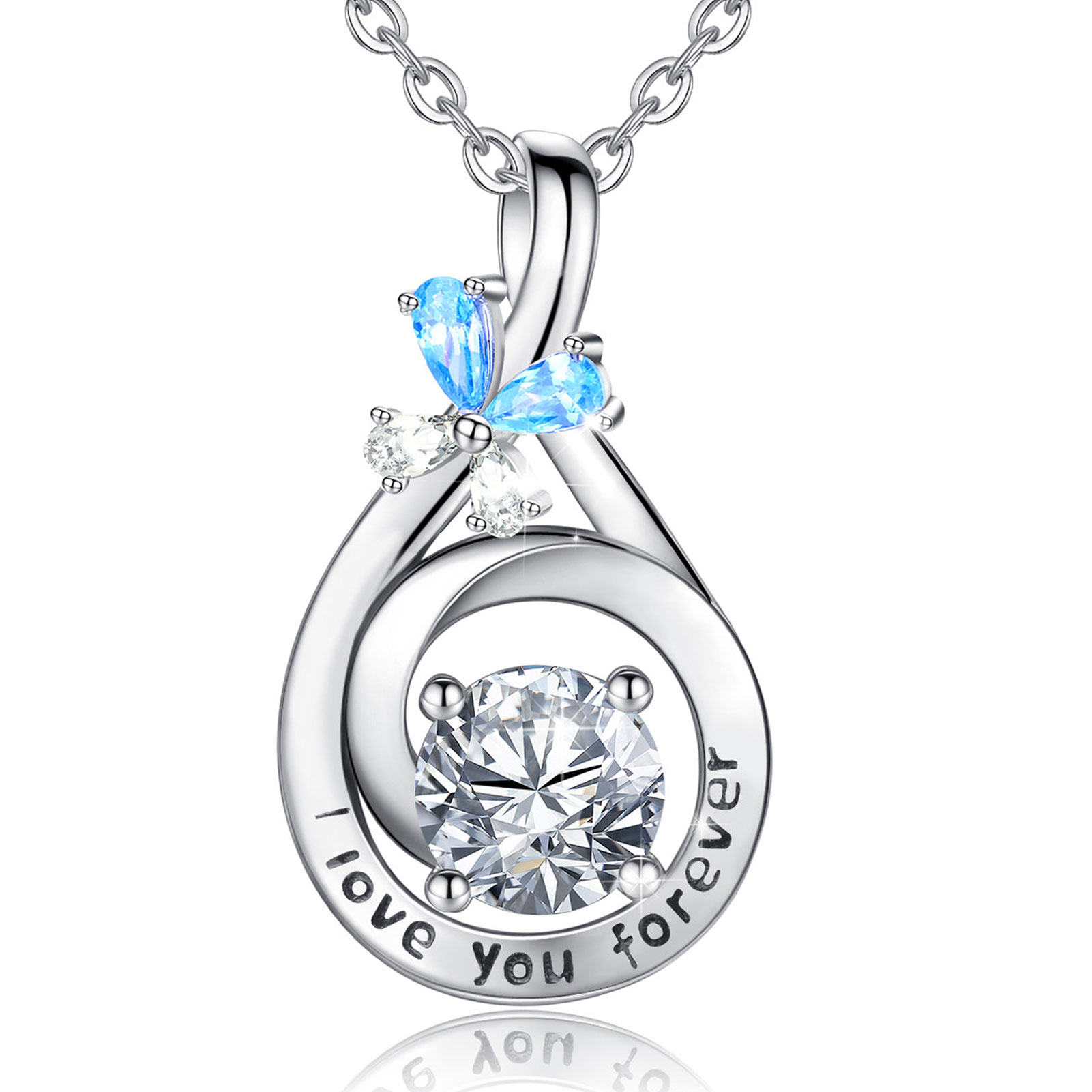 Merryshine Jewelry s925 sterling silver plated rhodium sapphire blue cz diamond I Love you Forever pendant necklace for womens