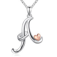 Merryshine Jewelry s925 sterling silver plated rhodium large initial letter A pendant necklace with little heart