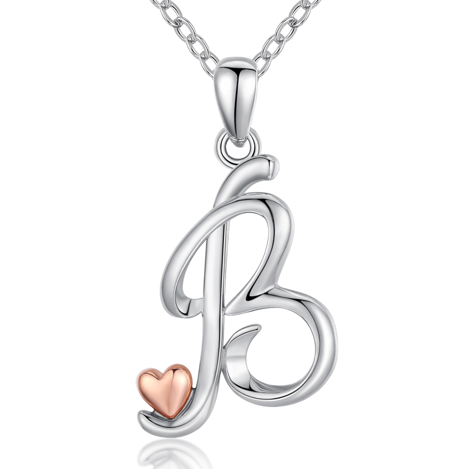 Merryshine Jewelry s925 sterling silver plated rhodium initial letter B pendant necklace with rose gold heart