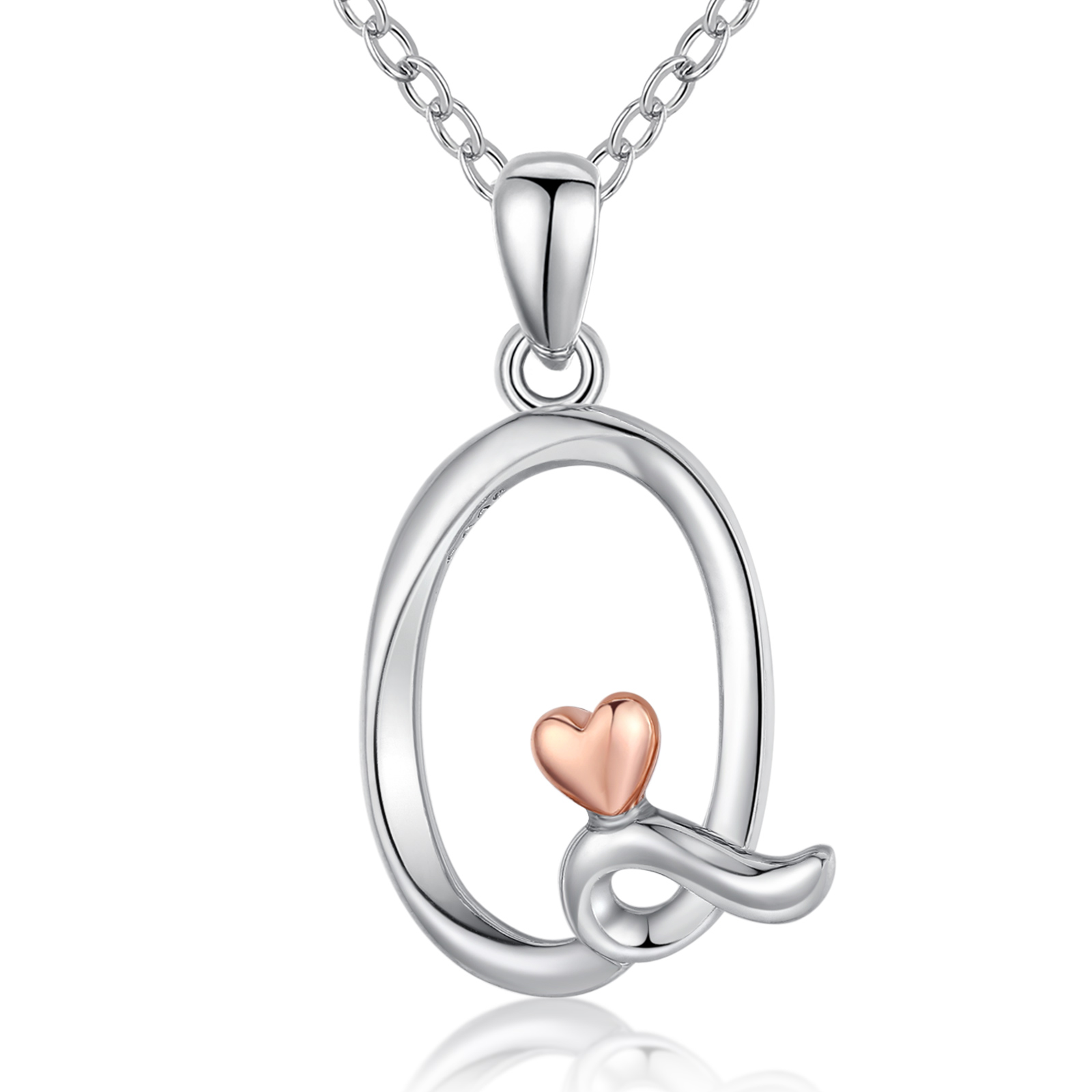 Merryshine Jewelry s925 sterling silver plated rhodium letter Q initial necklace for women with little heart