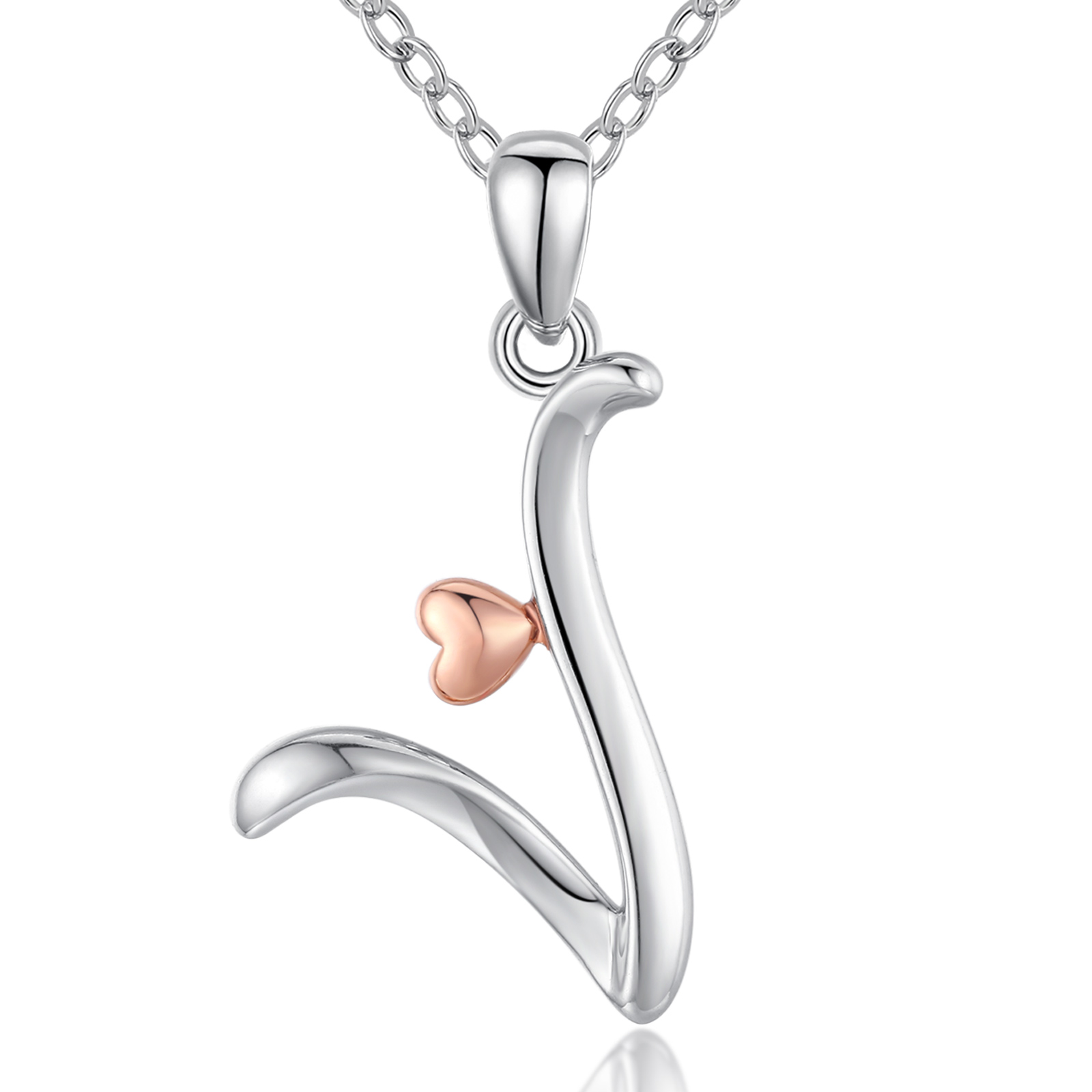 Merryshine Jewelry s925 sterling silver plated rhodium letter V initial pendant necklace for women and men