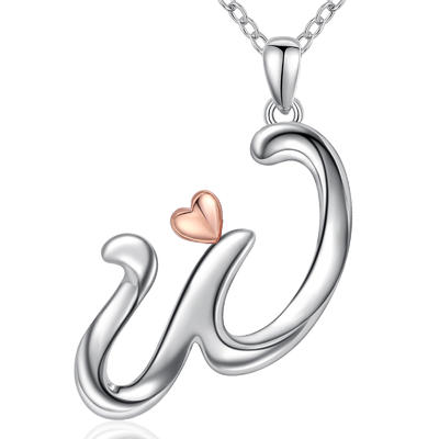 Merryshine Jewelry s925 sterling silver plated rhodium letter W initial pendant necklace for women with rose gold heart