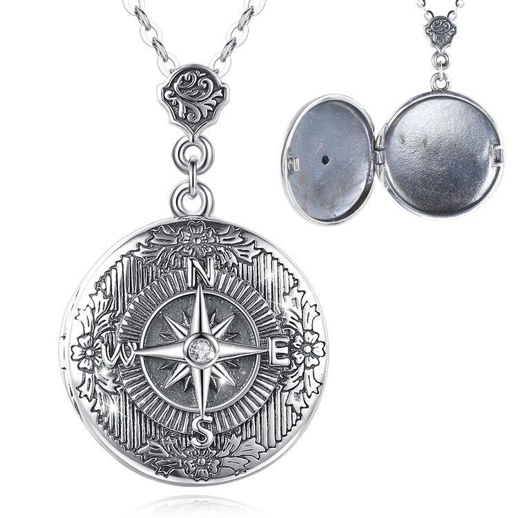 Merryshine Jewelry S925 Sterling Silver Compass Embossed Design Locket Necklace That Holds Pictures For Women
