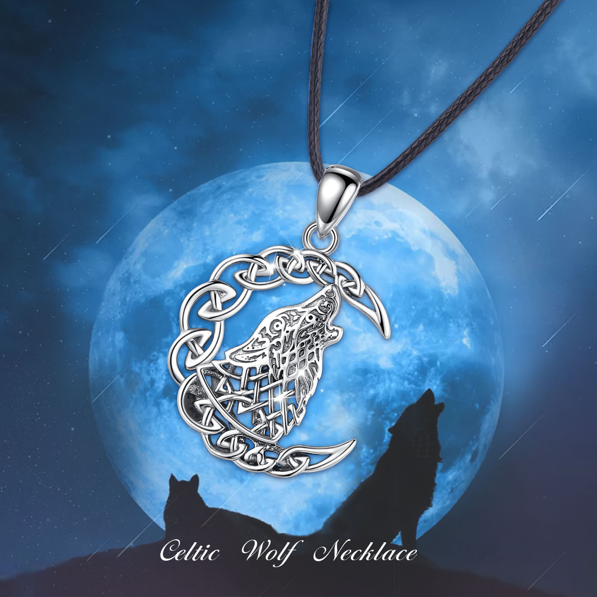Merryshine Jewelry Vintage Style Hollow Out Design S925 Sterling Silver Moon And Wolf Necklace For Men