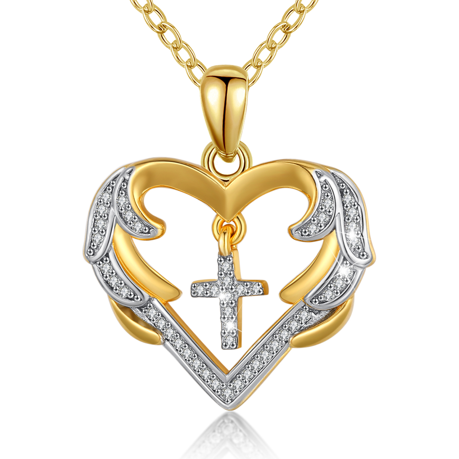 Merryshine Jewelry S925 Sterling Silver Gold Plated Heart Cross Pendant Necklace for Women