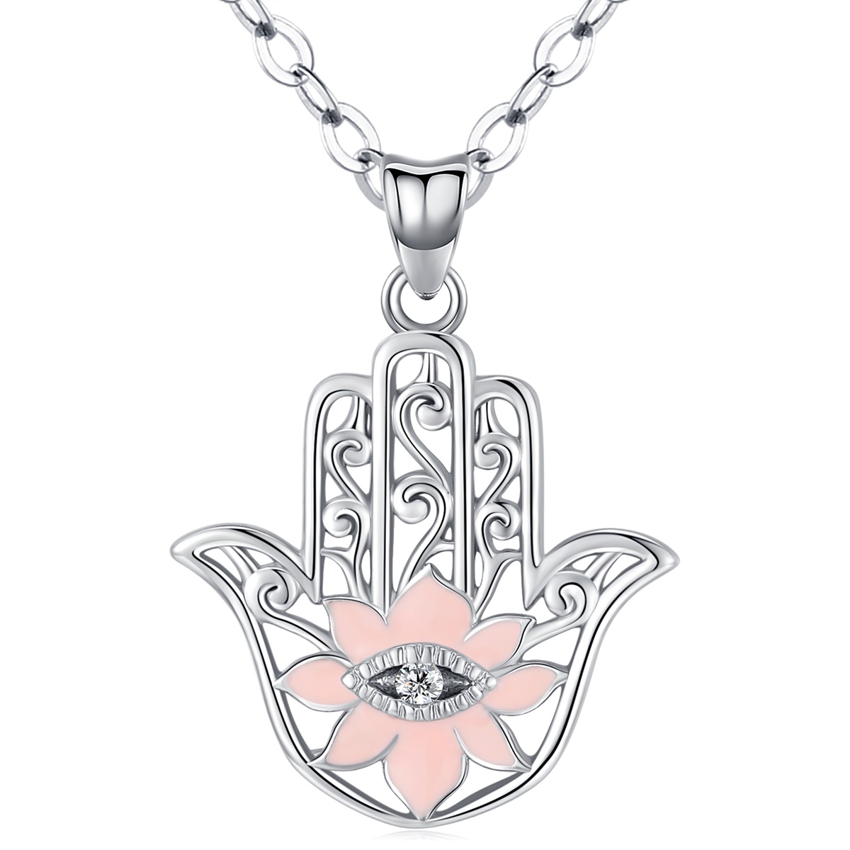 Merryshine Jewelry Copper Plating Rhodium Pink Flower Hamsa Hand Necklace for Women
