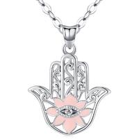 Merryshine Jewelry Copper Plating Rhodium Pink Flower Hamsa Hand Necklace for Women