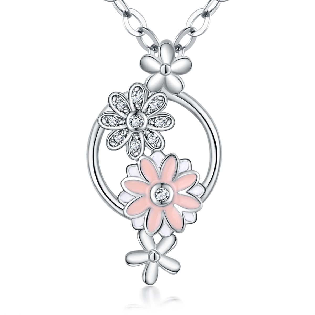 Merryshine Jewelry Copper Plating Rhodium Cute Pink Flower Friendship Necklace for Women