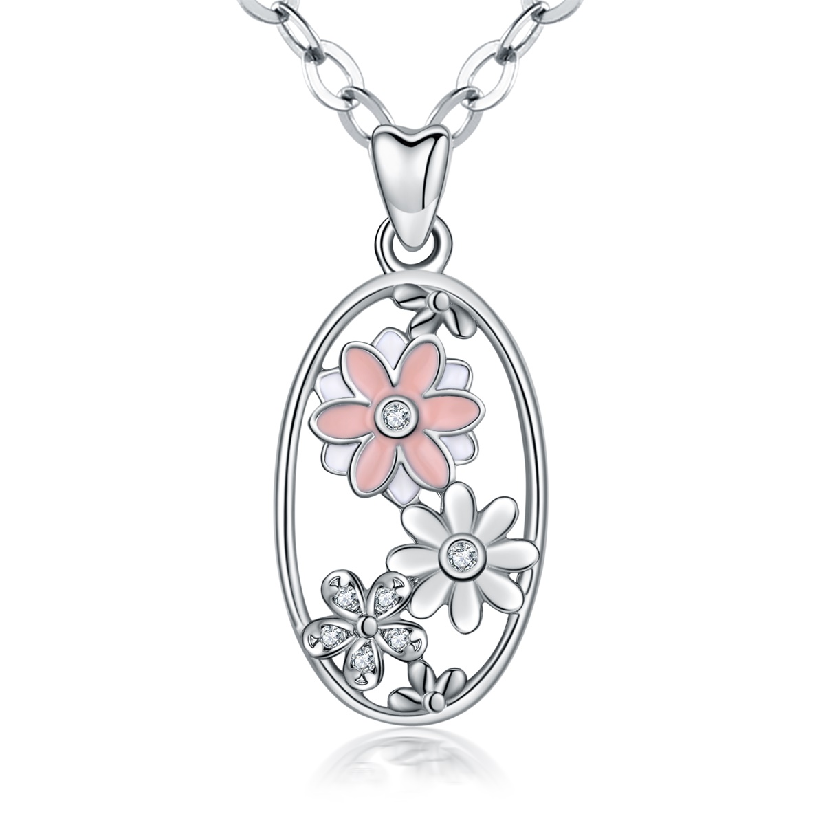 Merryshine Jewelry Rhodium Plated Oval Frame Pink Color Flower Jewelry Girl Friendship Necklace