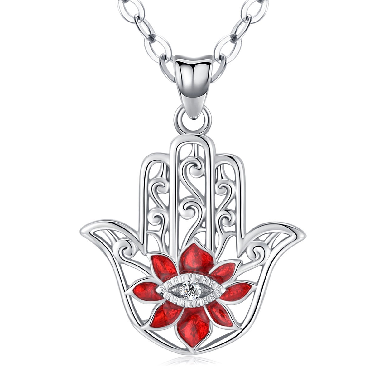Merryshine Jewelry Red Flower Evil's Eye Fatima Hand Hamsa CZ Diamond Necklace Jewelry