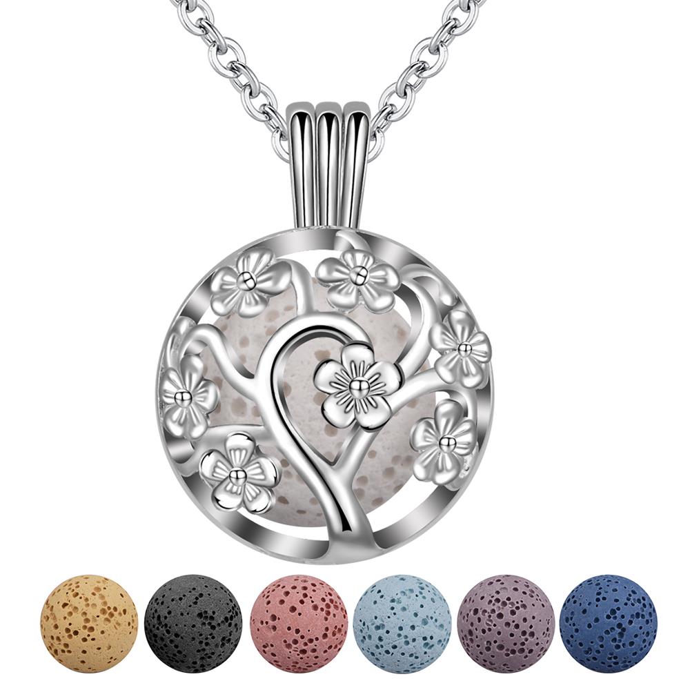Merryshine Jewelry flower pattern cage lava stone essential oil diffuser necklace sterling silver
