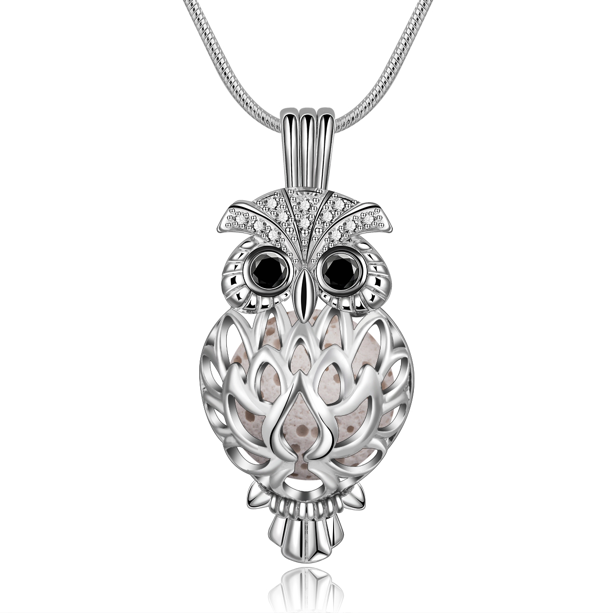 Merryshine Jewelry s925 sterling silver owl shaped cage essential oil lava stone necklaces for women