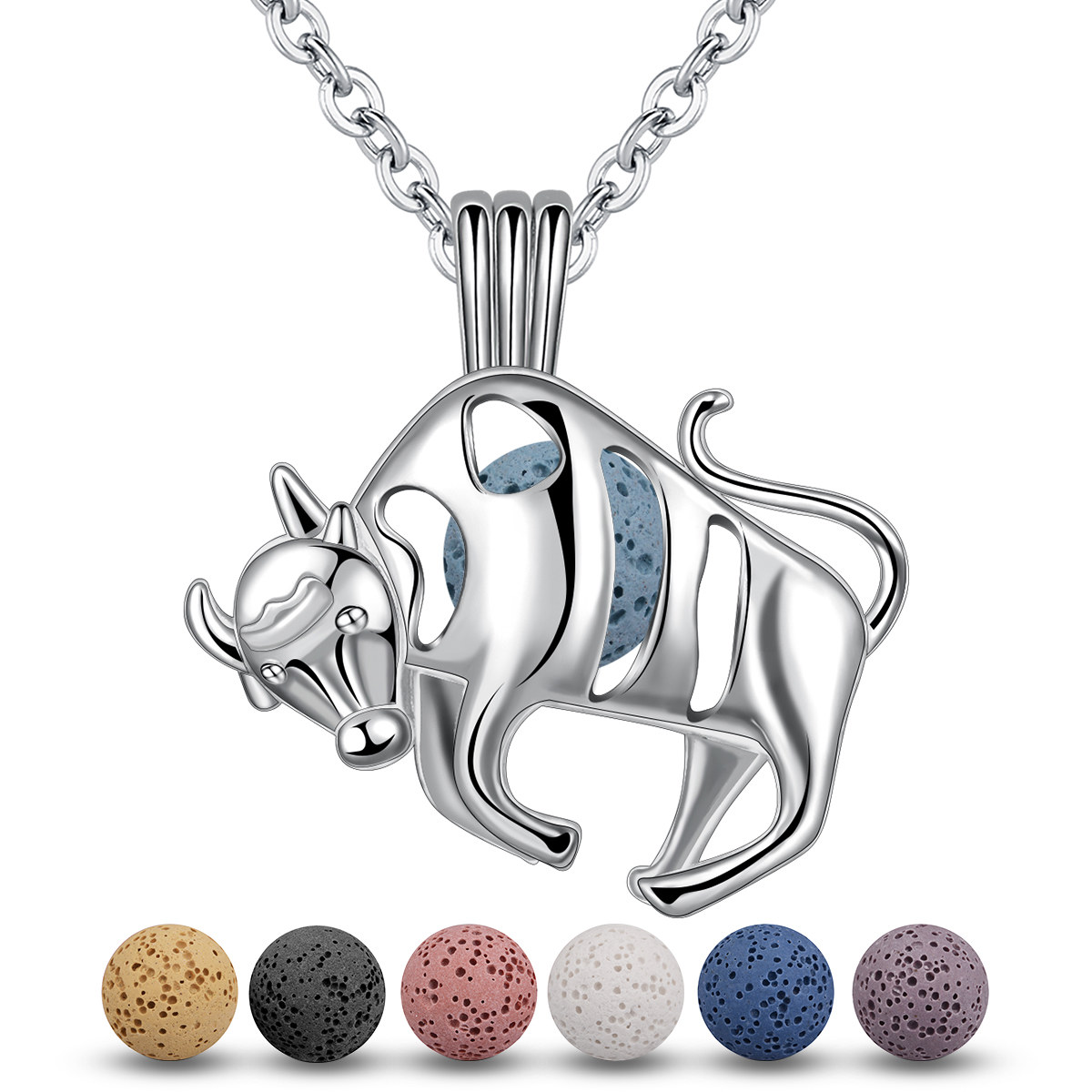 Merryshine Jewelry bull shaped s925 sterling silver cage lava stone diffuser aromatherapy necklace
